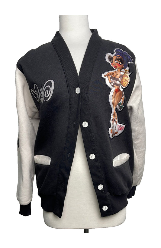 Stacks Varsity Cardigan – Medium (Damaged) with original artwork on a white background