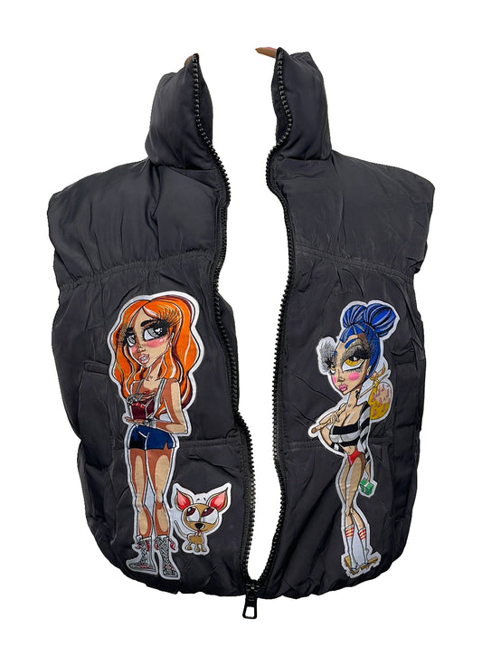 Boxy & Stacks Custom Bomber Vest – Small (Damaged) with original artwork on a white background