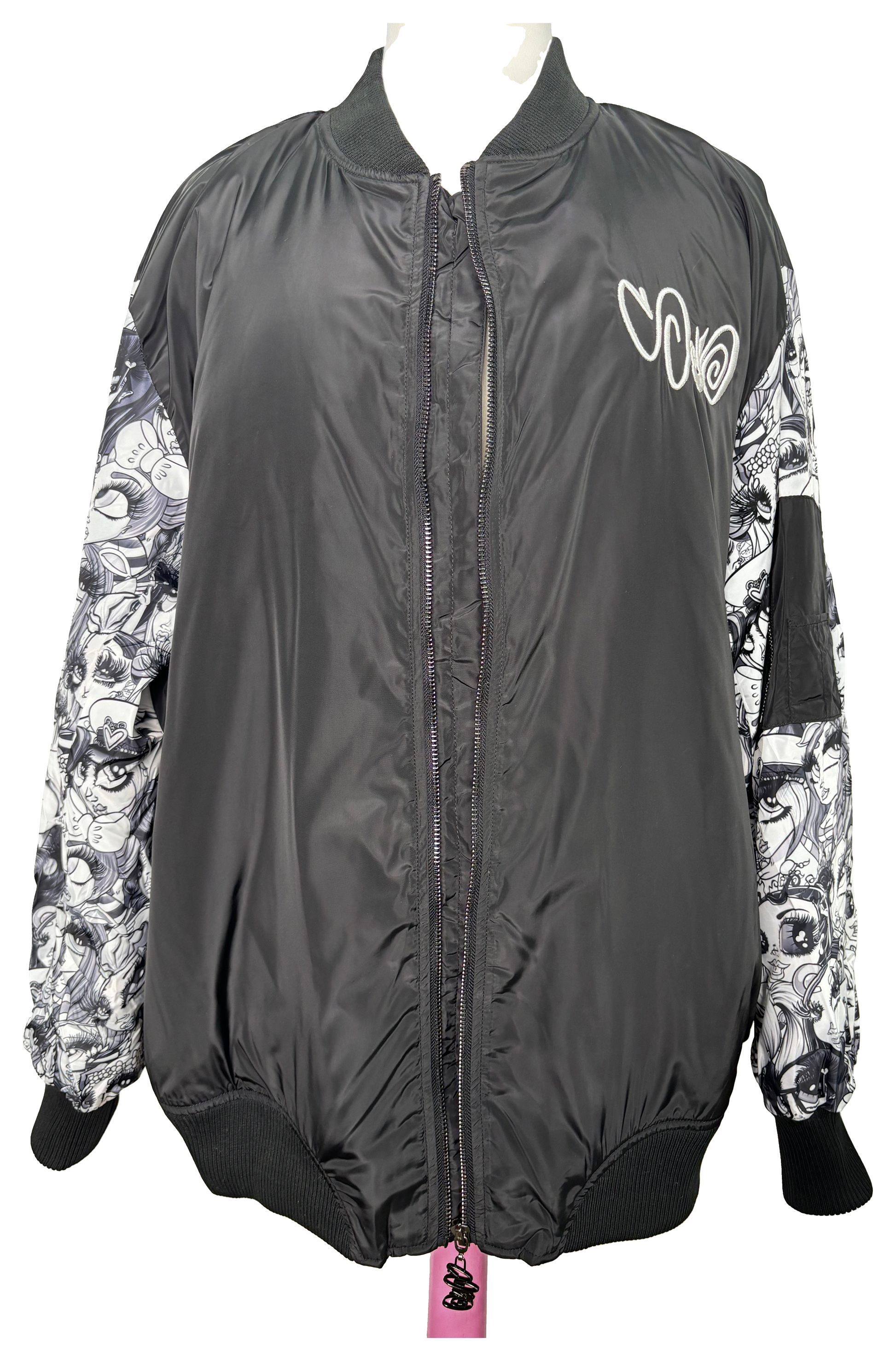 2018 Black & White Windbreaker with original artwork on a white background