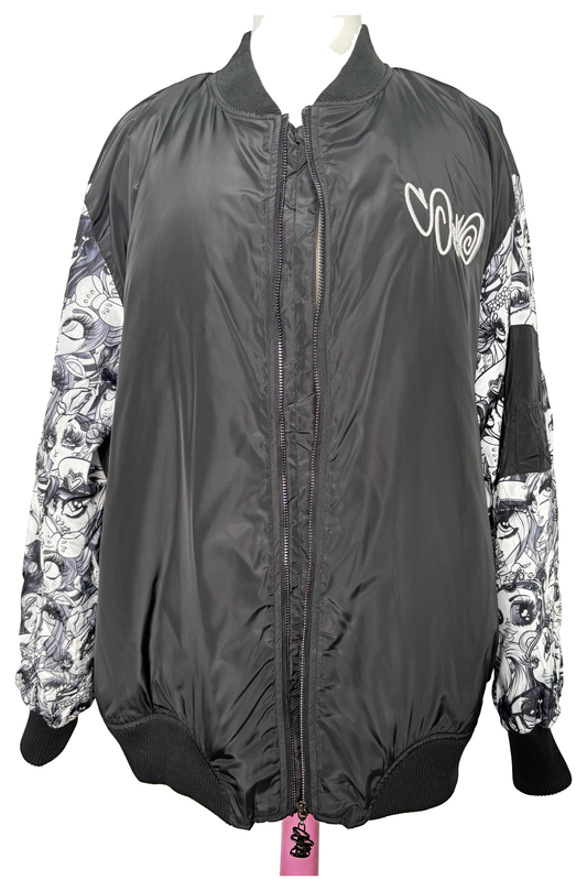 2018 Black & White Windbreaker with original artwork on a white background