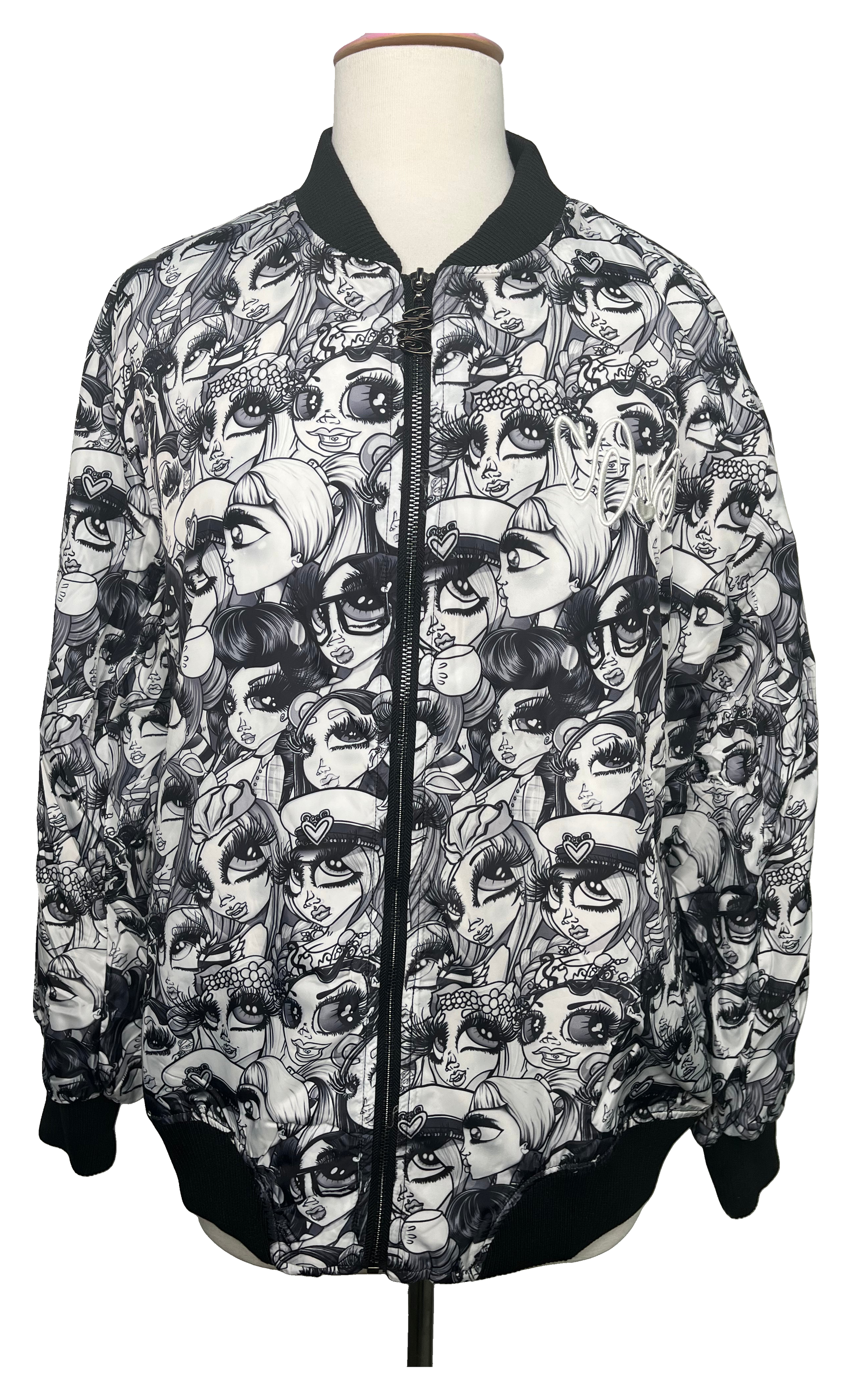 2018 Windbreaker – All-Over Black & White Print with original artwork on a white background