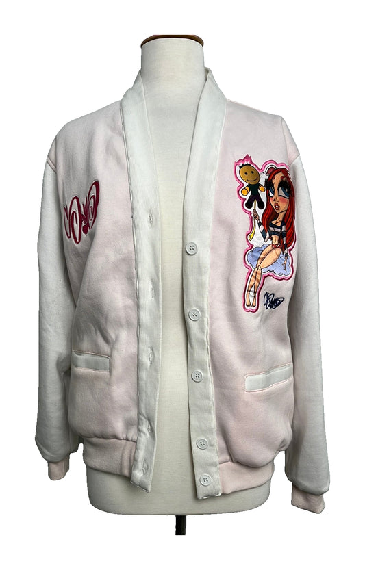 Bunny Perez 2018 Varsity Cardigan (Damaged) with original artwork on a white background