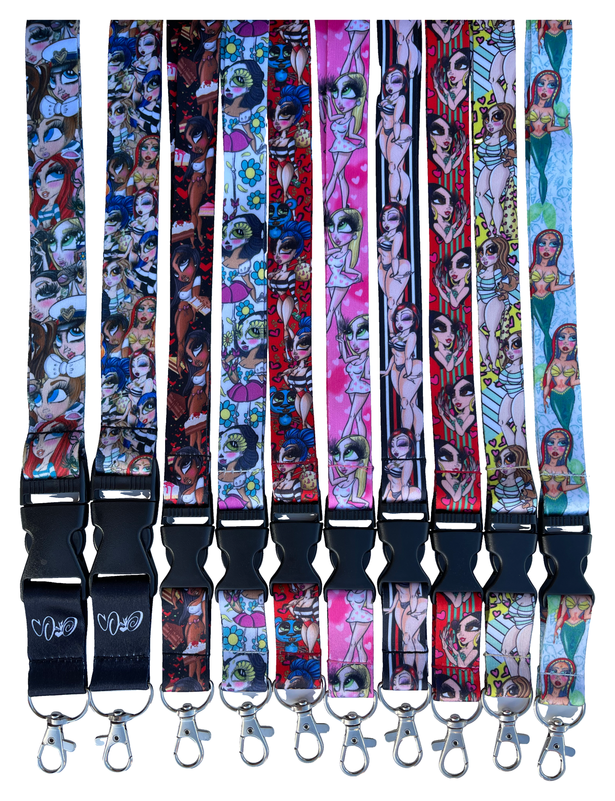 Sand Doll Lanyards with original artwork on a white background