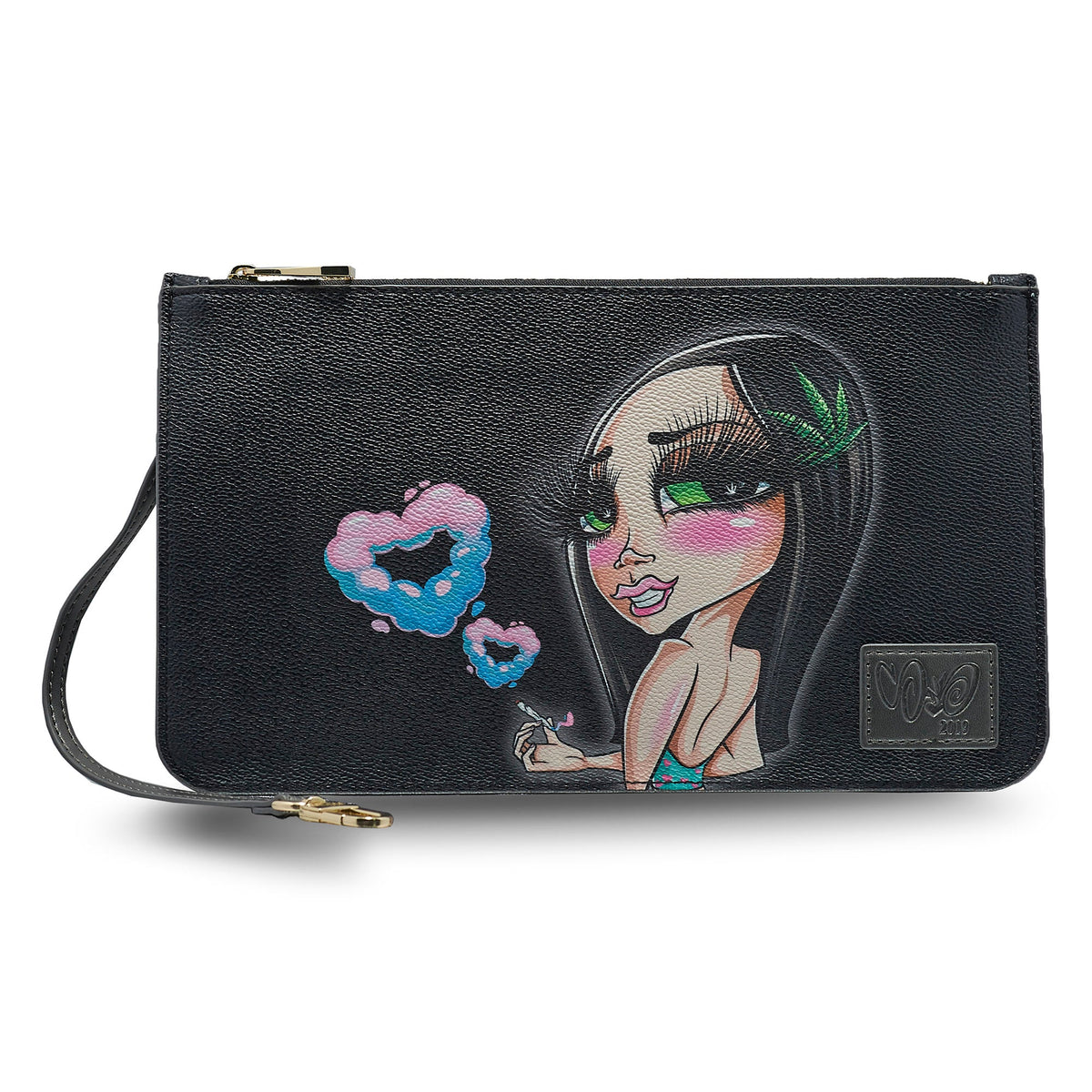 Stony wristlet with original artwork, full wrist strap and zipper on white